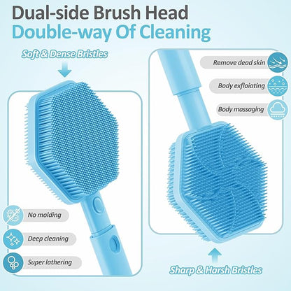 Silicone Back/Face Scrubber & Bath Glove Set 3PCS, Extendable Back Scrubber with Dual-Side Large Head, 360° Anti-Slip Bath Glove, Unique Side-Bristle Face Scrubber for All-Round Cleaning(Blue)