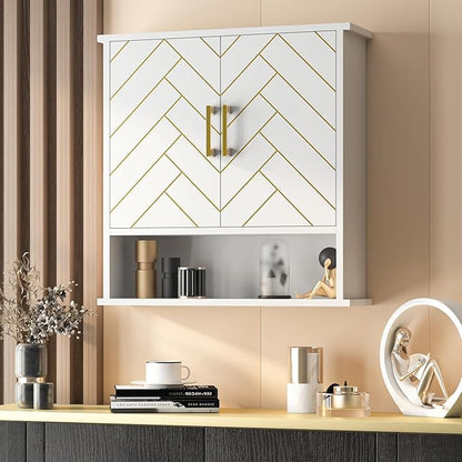 White Chevron Pattern Bathroom Wall Mount Cabinet, Stylish Hanging Medicine Cabinet with Open Shelf, Over The Toilet Storage for Bathroom Kitchen (23 5/8" x 22 7/8" x 15 3/4")
