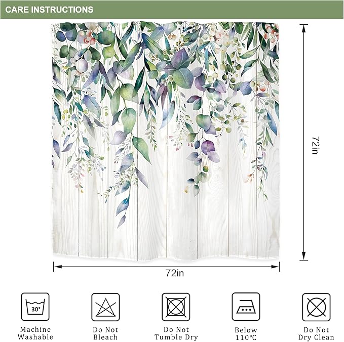 Riyidecor Teal Shower Curtain for Bathroom Decor 72Wx72H Eucalyptus Leaves Plants Watercolor Floral Wooden Board Rustic Botanical Farm Art Printed Fabric Polyester Waterproof 12 Pack Plastic Hooks