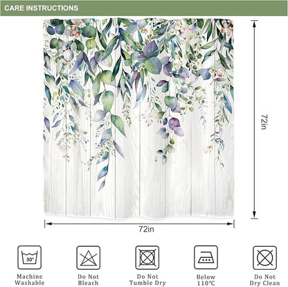 Riyidecor Teal Shower Curtain for Bathroom Decor 72Wx72H Eucalyptus Leaves Plants Watercolor Floral Wooden Board Rustic Botanical Farm Art Printed Fabric Polyester Waterproof 12 Pack Plastic Hooks