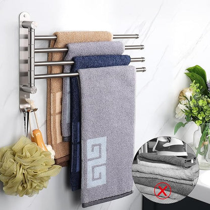 NearMoon Swivel Towel Rack, 13.8" Thicken 304 Stainless Steel 4-Arm Towel Bar, Space Saving Wall Mounted Towel Holder with Hook, Rustproof Swing Out Towel Hanger for Bathroom, Kitchen (Brushed Nickel)