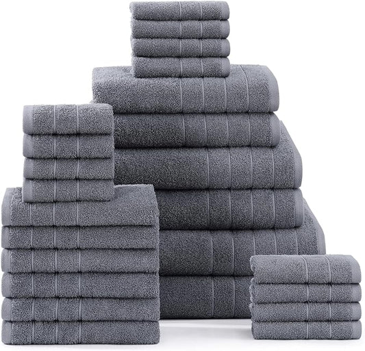Casa Platino 100% Cotton Bath Towel Set – 24 Pc Set with Ring Spun Terry, Ultra Soft & Absorbent, Everyday Use Towels, Gentle on Skin, Maintains Texture After Wash – Cool Grey