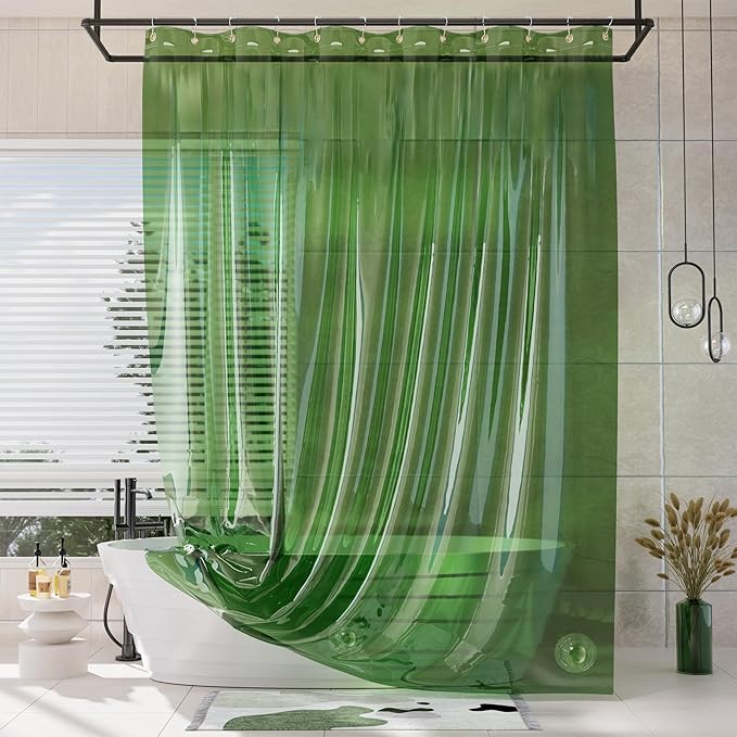 AmazerBath Extra Long Shower Curtain Liner, 100% EVA Clear Green Heavy Duty 84 inch Shower Curtain and Liner 2-in-1, 72x84 Plastic Weighted Bathroom Shower Liner, 12 Grommets & 3 Heavyweight Stones