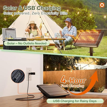 addlon 54(48+6) FT Solar String Lights Waterproof,Patio Lights Solar Powered with Remote& USB Port 24+2 LED Shatterproof Bulbs 3 Lighting Modes Outdoor Lights for Camping Backyard Garden