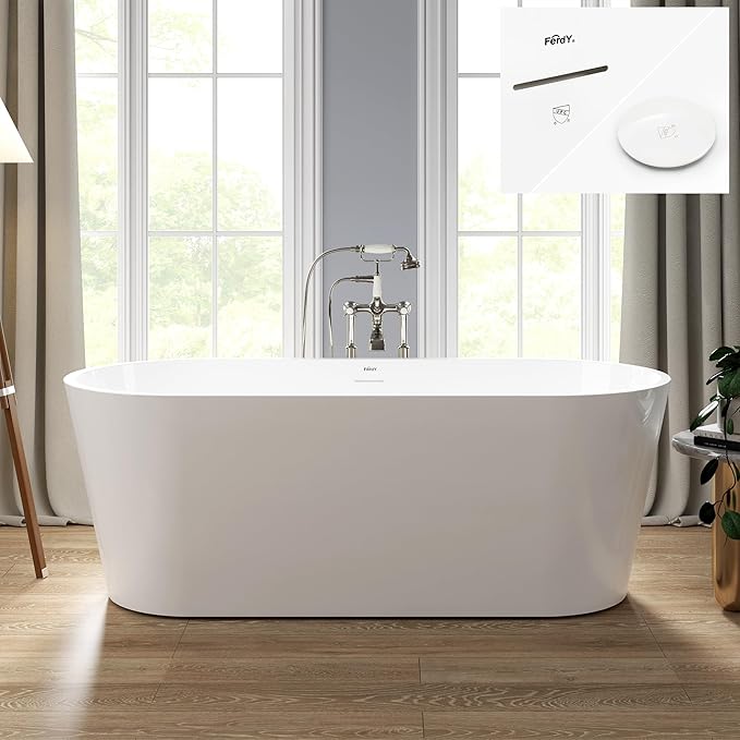 FerdY 67" Shangri-La Elite, Acrylic Freestanding Bathtub, Modern & Contemporary Design Soaking Tub with Polished White Drain Pop-Up Drain and Minimalist Design Overflow, cUPC Certified