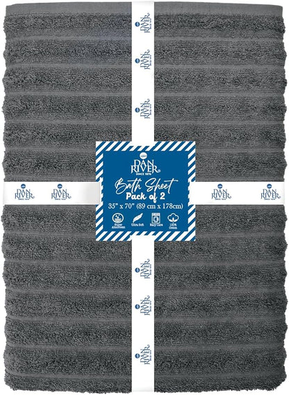 DAN RIVER Pack of 2 Bath Sheet 35x70 Inches, Extra Large Ribbed Gray Bath Towels Oversized, Absorbent Cotton Towels for Bathroom