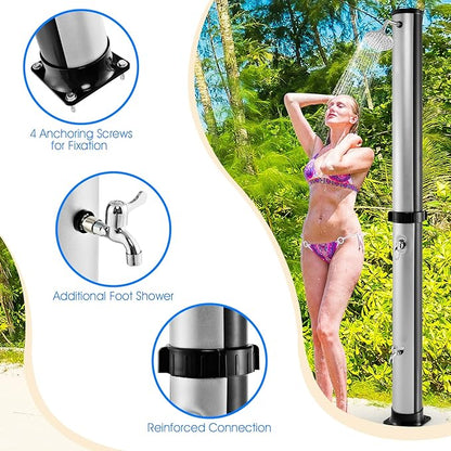 Giantex 7.2 FT 10 Gallon 2-Section Solar-Heated Outdoor Shower, Pool Shower W/Free-Rotating Shower Head, Foot Tap Spigot, Faucet, Temperature and Pressure Adjustment for Backyard, Garden, Beach Spa