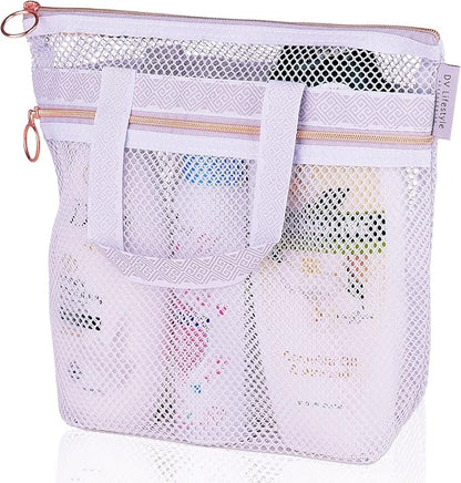 Mesh Shower Bag 10.2x9.9'' Quick-Dry Caddy with Zipper & 2 Pockets. Portable Toiletry Tote for Bathroom, Gym, Travel, Camp, Beach, for Sunscreen, Dorm & College Essentials (Light Gray)