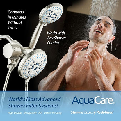 AquaCare Skin & Hair - World's Only Shower Head Combo Filter with Built-in 3-way Water Diverter, ON/OFF Filtration Modes, Instant Cartridge Reload & Stay-Clean American KDF Cartridge, Satin Nickel