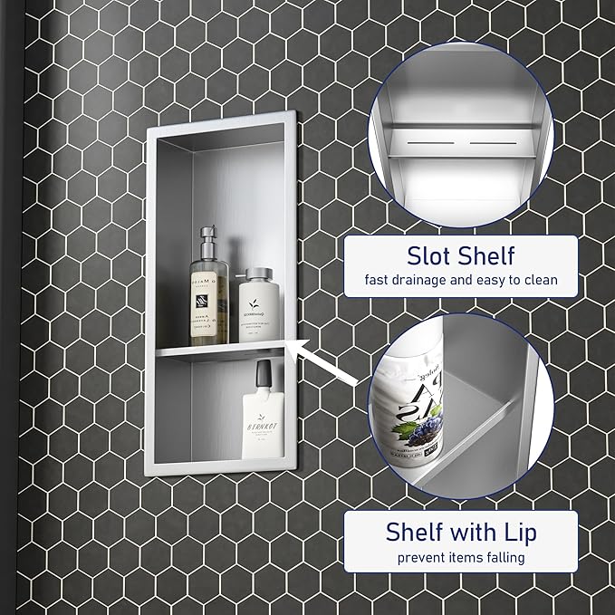 Stainless Steel Shower Niche 18"× 8" Brushed with 2- Tier Shelf No Tiled Needed Niche Shower for Wall Recessed Shower Shelf for Bathroom Storage