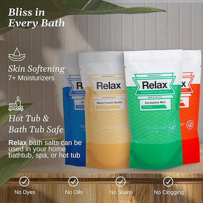 Relax Spa & Bath, Epsom & Dead Sea Salts, Aromatherapy Bath Salts for Hot Tub, Bath, or Spa, Infused with Magnesium, Spa Gifts for Women, 4 Pack, Relax Original Collection, 4 oz Each