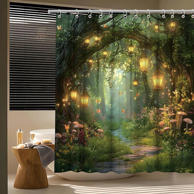 Fantasy Forest Path Shower Curtain Fairy Magical Enchanted Misty Jungle Mushroom Floral Tree Butterfly Lantern Wonderland Plant Bath Curtain Fabric Bathroom Accessories Decor with Hooks 84W x70L