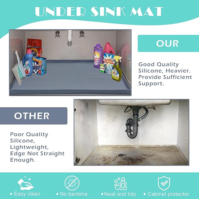 URMONA Waterproof Silicone Under Sink Mat 22'' x 19'' Shelf Liner for Kitchen and Bathroom, Cabinet and Counter Protector, Storage and Organizers, Litter Mat, Pet Cat Puppy Essentials(Black)