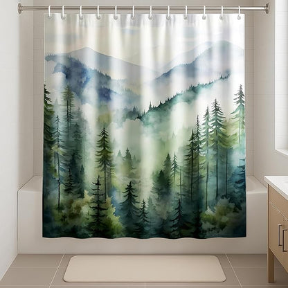Coveted Goods Mountain Forest Shower Curtain 72” x 72”, Waterproof Polyester, Misty Pine Tree Landscape, Includes Grommets and Hooks, Machine Washable Nature-Inspired Bathroom Decor