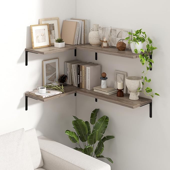Fun Memories Deep Floating Shelves, 24W x 8D Floating Shelves Set of 2, Wall Mounted Shelf with Metal Brackets, Rustic Wood Wall Shelf for Bathroom, Kitchen and Living Room, Grey