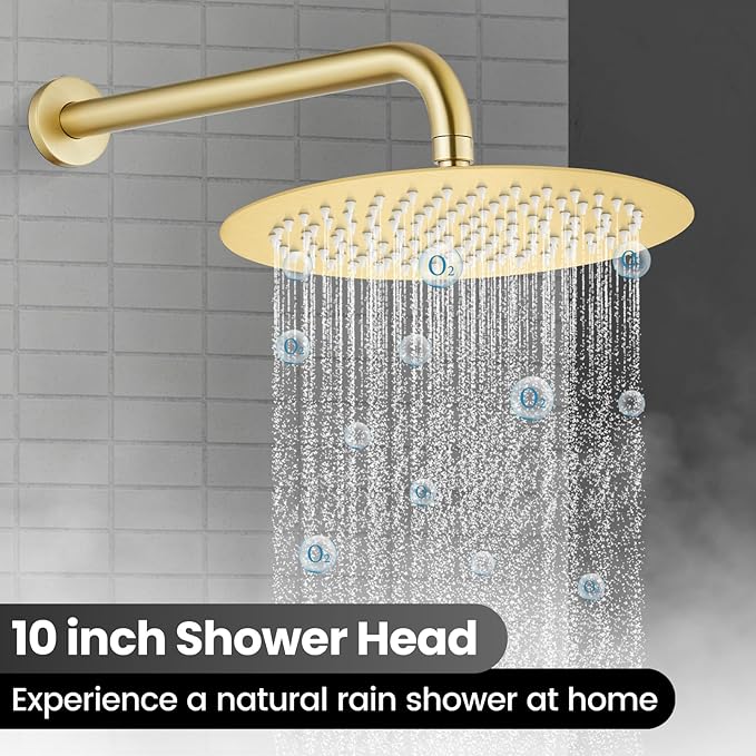 Airuida Shower Fixtures 2 Functions Shower Faucet Set Wall Mounted for Bathroom High Pressure Brass Handheld Shower with Rough-in Valve Round Rainfall 10 Inch Shower Head Brushed Gold