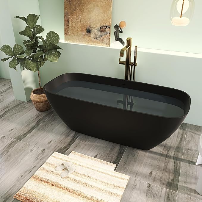 67" Premium Solid Surface Freestanding Bathtub, Upgraded Oval Stone Resin Soaking Tubs with Overflow and Pop-up Drain, Matte Black