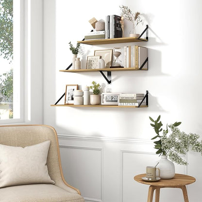 Fun Memories Deep Floating Shelves for Wall, 24W x 8D Wall Mounted Shelves Set of 2, Wide Display Ledge Shelf with Sturdy Metal Brackets for Living Room, Bathroom, Bedroom and Kitchen, Oak