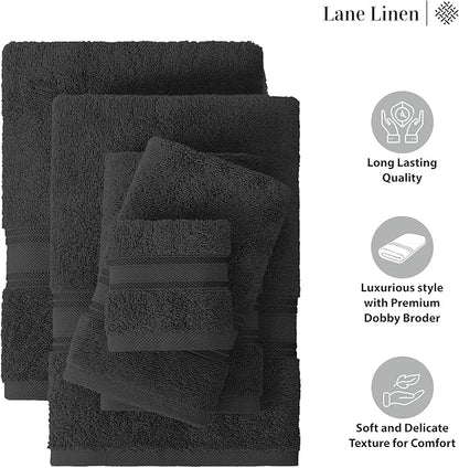 LANE LINEN Luxury Bath Towels Set - 6 Piece Set, 100% Cotton Bathroom Towels, Zero Twist, Quick Dry Shower Towels, Absorbent Bath Towel, Super Soft, 2 Bath Towels, 2 Hand Towels, 2 Wash Cloths - Black