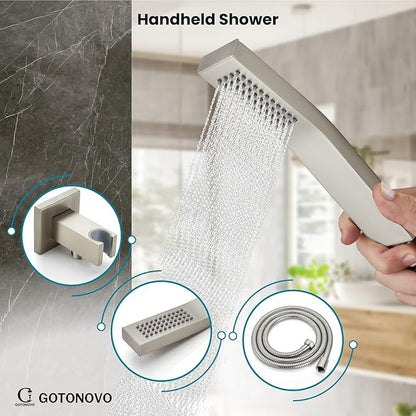 gotonovo Shower System with Tub Spout Wall Mounted Rain Shower Head and Handle Combo Shower Faucet Set with Valve, 12 Inch, Brushed Nickel