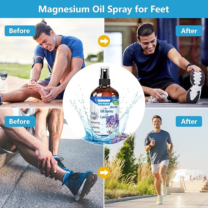 Magnesium Oil for Feet,Pure Magnesium Spray for Sleep,Liquid Topical Athletes Foot Spray Soothing Sore Muscles,Relaxing Leg Cramps Pain Ultra Concentration with Lavender Oil - 200ML