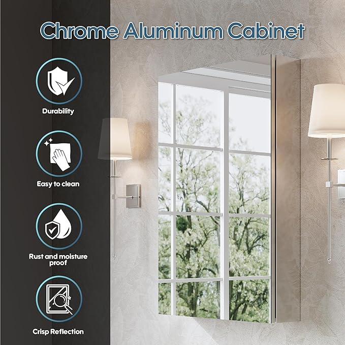 WELLFOR 20" x 30" Bathroom Medicine Cabinet, Anodized Chrome Aluminum Frame, Medicine Cabinet with Adjustable Glass Shelves, Bathroom Cabinet with Reverse Door Installation, Surface or Recessed Mount