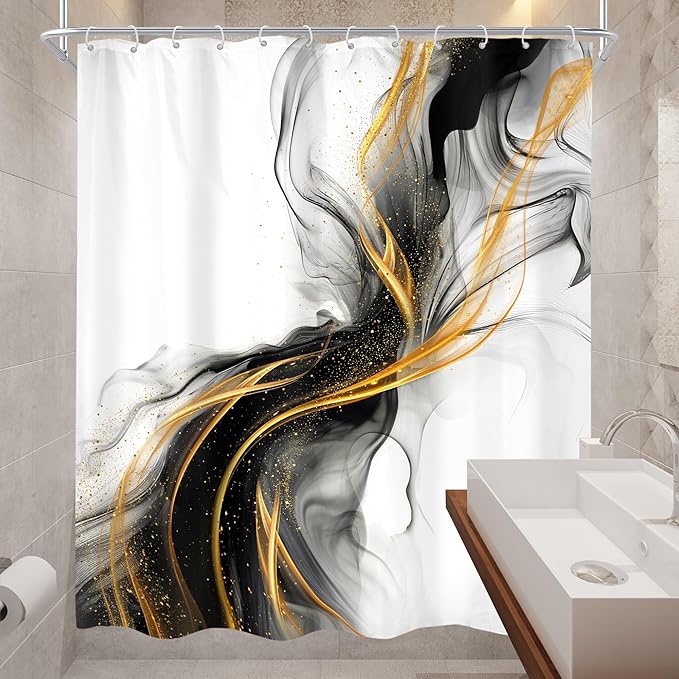 Cinbloo Black and Gold 60Wx72H Shower Curtain Abstract Modern Ombre Grey Golden Marble Minimalist Ink Texture Bathroom Curtain Set Elegant Chic Luxury Men Neutral Bath Bathroom Accessories Decor