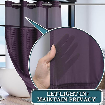 Conbo Mio Stall No Hook Shower Curtain with Snap in Liner Set, Hotel Luxury Purple Shower Curtains for Bathroom with See Through Top Window, Waterproof, Washable 54W x 74H