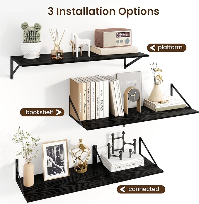 Fun Memories Floating Shelves for Wall, 12 Inch Deep Floating Shelves Set of 2, 48W x 12D Large Wall Shelf with Sturdy Metal Brackets for Living Room, Bathroom, Bedroom and Kitchen, Black