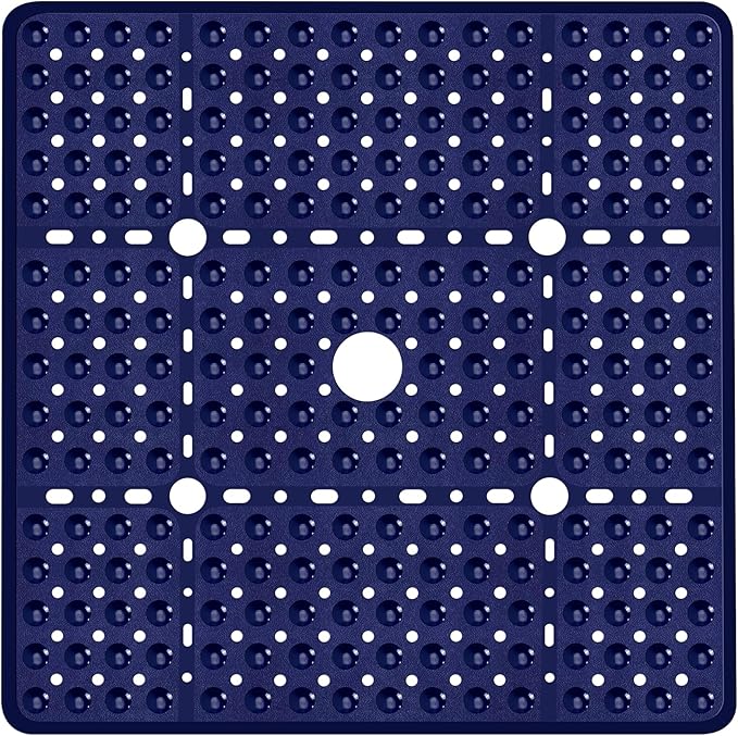 Large Navy Blue Square Shower Mat Non Slip 27 x 27 Inch, Soft Bath Mat Tub Mat for Inside Shower Floor, Bathroom Shower Stall Mats with Big Suction Cups Drain Holes, Easy Washable, BPA-Free