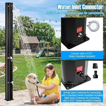 Goplus 9.3 Gallon Solar Heated Outdoor Shower, 7.2 FT Freestanding Garden Shower with 360° Swivel Shower Head, Foot Shower & Temperature Adjustment, for Poolside Backyard Beach (Black)