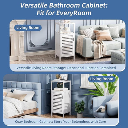 HITNET Bamboo Bathroom Storage Cabinet, 4 Tier Small White Floor Cabinet with Single Door, Free Standing Slim Narrow Storage Organizer for Bedroom Living Room