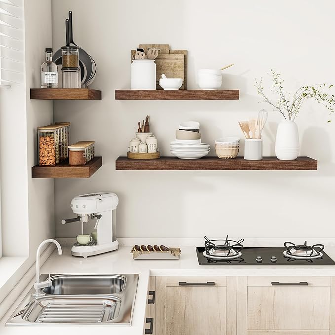 Vivelove Wide Floating Shelves for Wall 12 Inch Deep, 47.2" X 12" X 2" Floating Shelf, 2 Inch Thick Shelf for Living Room Bathroom Bedroom Kitchen Book Room, Rustic Farmhouse Decor Set of 2, Walnut