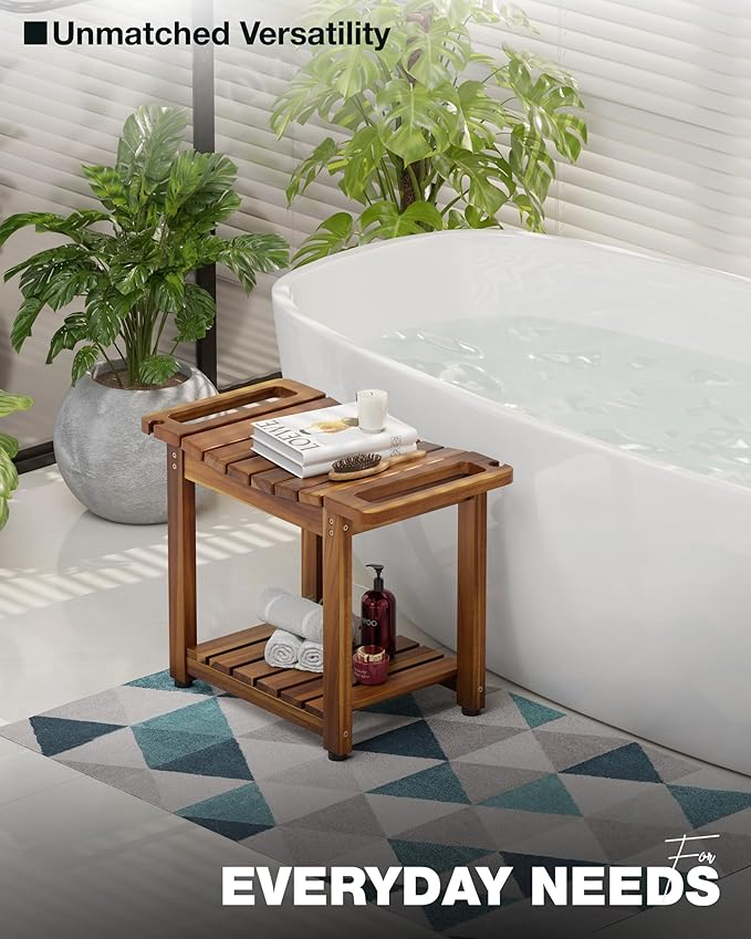 BLUEWEST Shower Bench Seat with Storage Shelf, Natural Wood Shower Benches for Inside Shower to Sit on, Waterproof Bathroom Spa Bench Stool for Legs Shaving with Built-in Handle & Shower Head Holder