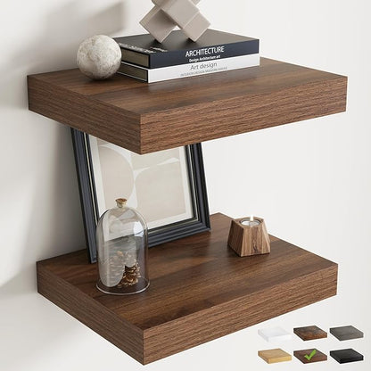 16 Inch Floating Shelves for Wall Set of 2, 12"D Wood Grain Bathroom Shelves with Invisible Brackets, Easy Install Engineered Wood Storage Shelves for Kitchen, Living Room, Bedroom, Walnut Finish