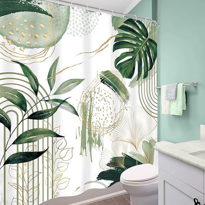 Sage Green Boho Shower Curtain Mid Century Modern Abstract Tropical Palm Leaves Minimalist Gold Olive Geometric Plant 72Wx72H Bathroom Decor Bath Curtain Liner Fabric Polyester 12 Pack Hooks