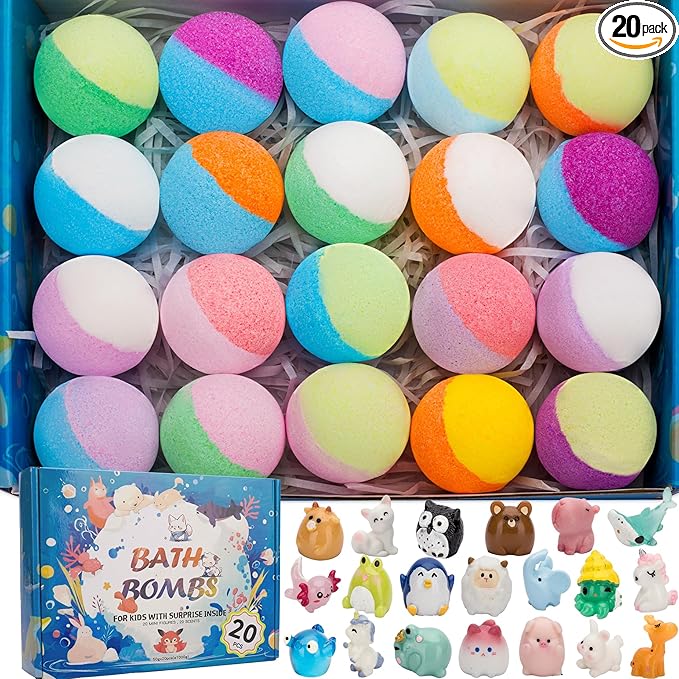 20 Pack Bath Bombs for Kids with Surprise Inside Bubble Bath Toys Organic Natural Bath Bombs Set Stocking Stuffers Birthday Christmas Gifts for Kids 3 4 5 6 7 8 Years Old Boys Toddlers Girls