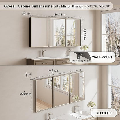 Pre-Assembled Surface or Recessed Medicine Cabinet Mirror-60x30 Brushed Nickel Bathroom Medicine Cabinet with Mirror & Rustproof Aluminum Frame, Beveled Bathroom Vanity Mirror with Storage