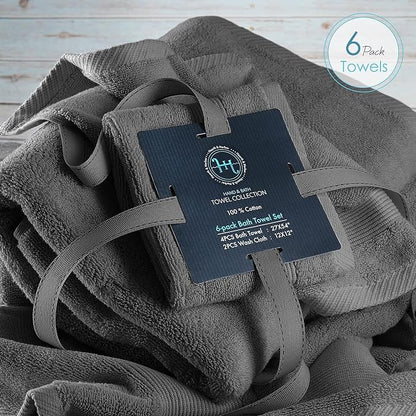Hearth & Harbor Bath Towels for Bathroom - 100% Ring Spun Cotton Luxury Bathroom Towels - Ultra Soft & Highly Absorbent, Bath Towels Set of 6 - Dark Gray