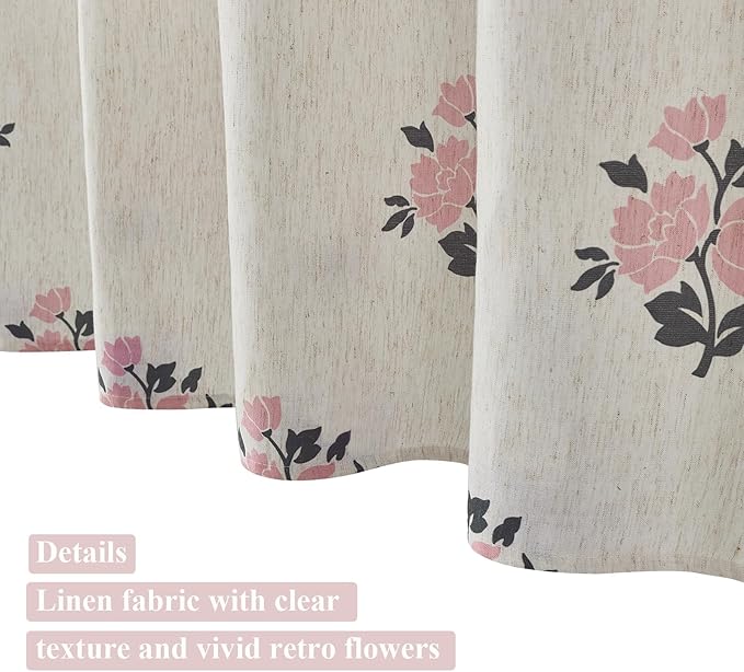 ORTIGIA Boho Pink Shower Curtains for Bathroom Linen Farmhouse Shower Curtain Set with Metal Hooks Block Print Floral Waterproof Aesthetic Rustic Fabric Bath Curtain for Home, Weighted, 72x72