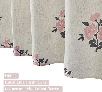 ORTIGIA Boho Pink Shower Curtains for Bathroom Linen Farmhouse Shower Curtain Set with Metal Hooks Block Print Floral Waterproof Aesthetic Rustic Fabric Bath Curtain for Home, Weighted, 72x72