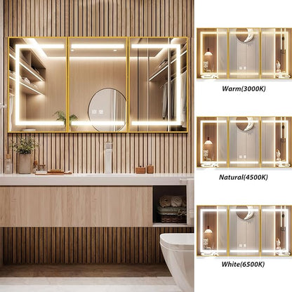 APRILSOUL 60X32 Inch Gold Bathroom Medicine Cabinet with Mirror, Recessed or Surface Lighted Medicine Cabinet with 3 Colors Temperature, Dimmable Light