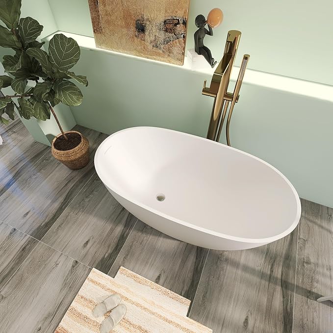 51" Premium Solid Surface Freestanding Bathtubs, Unique Oval Stone Resin Bath Tub with Overflow and Pop-up Drain, Matte White