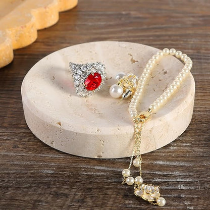 Koville Small Travertine Jewelry Dish, 4" Round Trinket Dish for Ring Necklace Earring, Beige Travertine Soap Dish for Bathroom Kitchen, Natural Stone Decorative Dish, Aesthetic Home Table Decor
