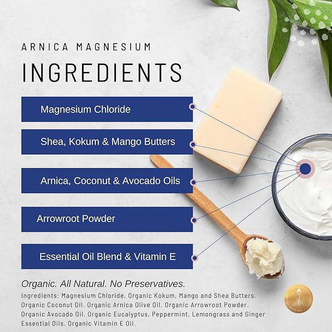 Organic Arnica + Magnesium Whipped Body Butter, 4 oz Jar, Extra Strength Formula with Premium Quality Magnesium Choride, Natural Comfort for Muscles & Joints, All-Natural