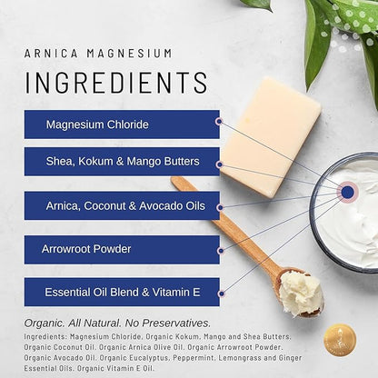Organic Arnica + Magnesium Whipped Body Butter, 4 oz Jar, Extra Strength Formula with Premium Quality Magnesium Choride, Natural Comfort for Muscles & Joints, All-Natural