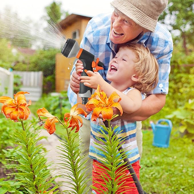 Hose Nozzle - Water Spray Attachment, 8 Adjustable Watering Patterns with Comfortable Grip, Durable Design with Easy Use, Garden and Car Accessory for Washing Vehicles, Showering Pets