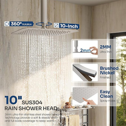 Ceiling Mount Shower Faucet Set, Shower System with 10-Inch Rain Showerhead and Handheld Spray Combo, High-Pressure Showerheads Set with Valve and Trim Kit, Brushed Nickel