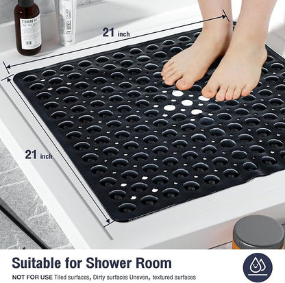 Black Square Shower Bathtub Mat Non Slip 21x21 Inch, Soft Bath Mat for Inside Shower Tub, Shower Stall Mats for Bathroom Floor, Big Suction Cups Drain Holes, Easy Washable and Dry, BPA-Free
