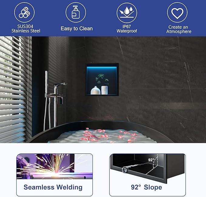 RGB LED Light Shower Niche, Matte Black 12X12 in Stainless Steel Recessed Storage with Remote Control, Waterproof No Tile Needed Wall Niche for Bathroom Storage Built-in Installation